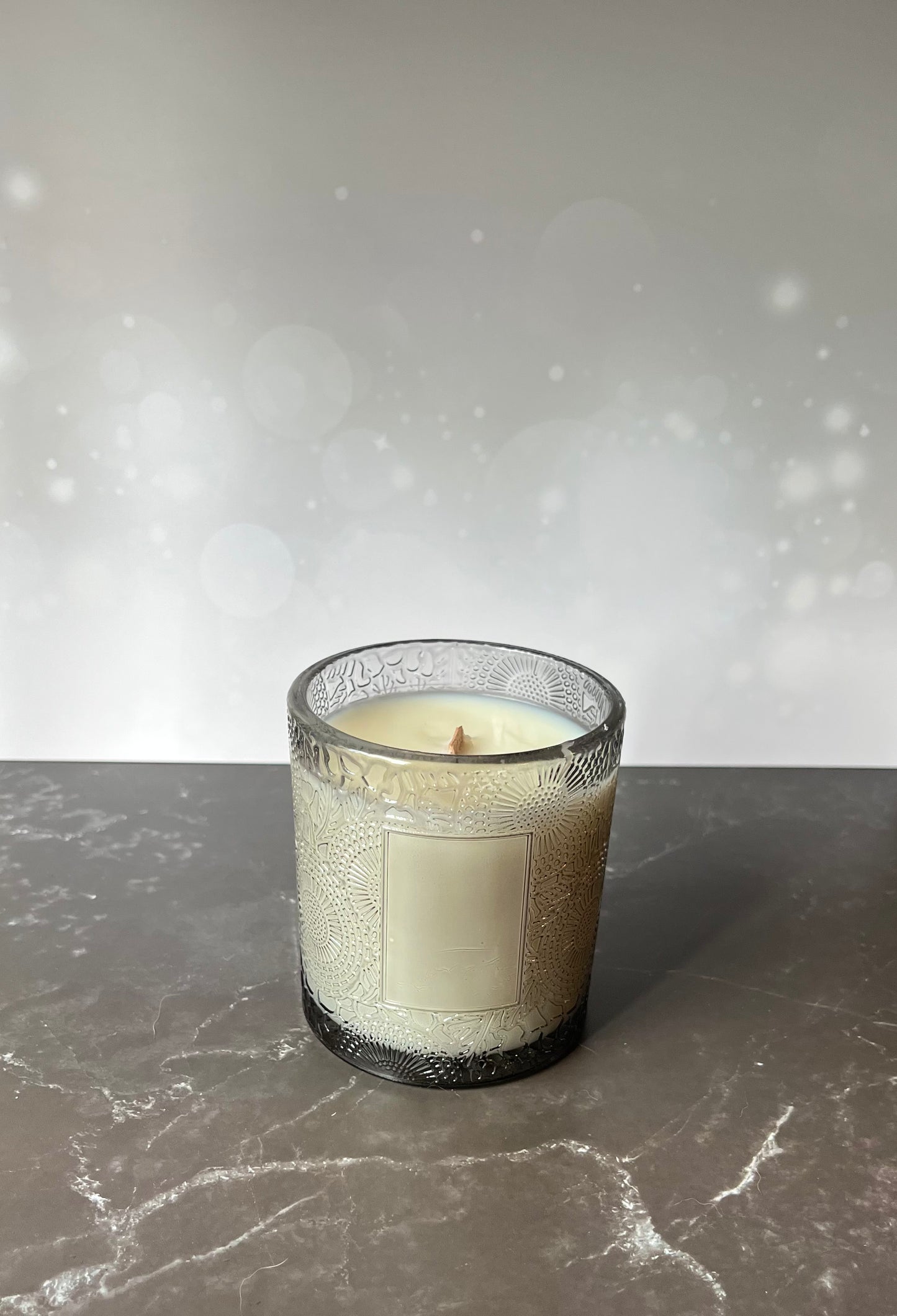 Wood wick Soy Candle in Embossed Grey Glass Jar