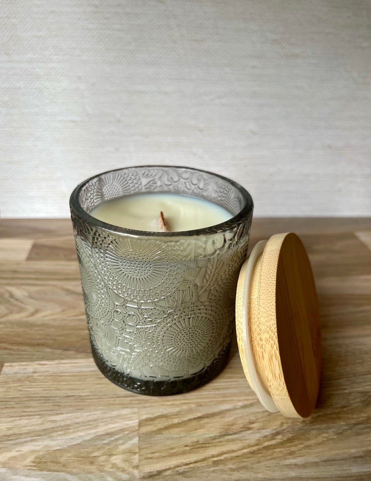 Wood wick Soy Candle in Embossed Grey Glass Jar